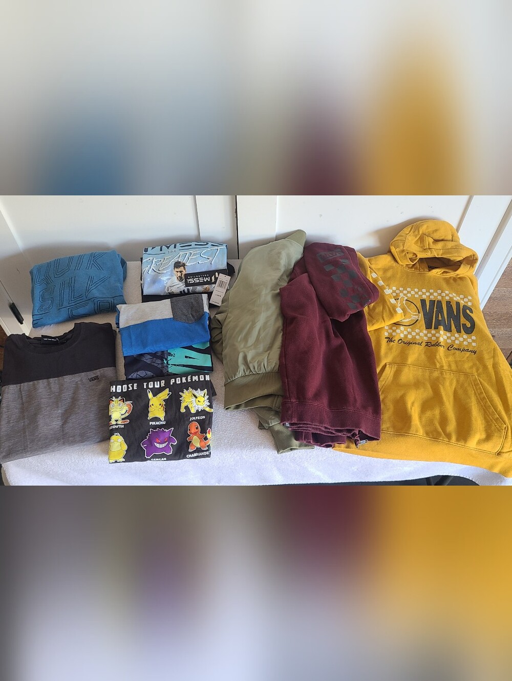 Vans, Quiksilver, Pokemon, and Messi Clothing Bundle, kids size XL (14/16).